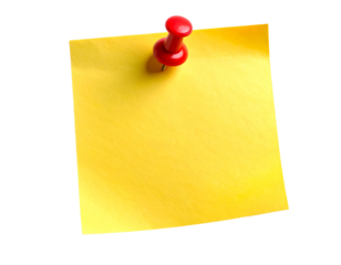 Blank yellow sticky note with a red safety pin or thumbtack at the top. on transparent background, png