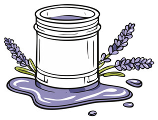 White jar of purple liquid with lavender sprigs and spilled drops illustration