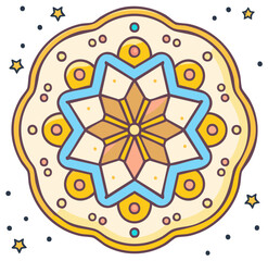 Whimsical festive star ornament illustration with colorful geometric shapes and dots