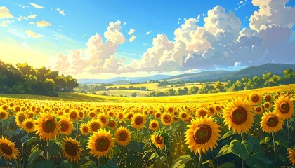 Sunflowers Field Under Sunny Sky.