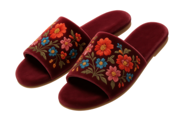Embroidered floral open-toe slide slippers in soft velvet.