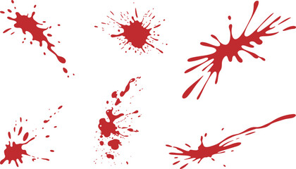 Set of six realistic red liquid splatter stains on white background, dripping paint or blood textures for horror art design