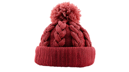 Cozy red knitted winter beanie with pom pom warm wool hat for cold weather isolated on white background