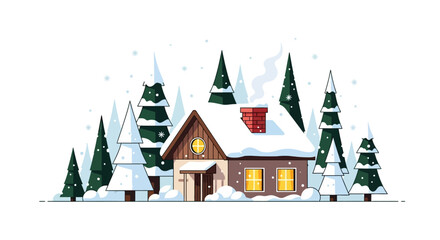 Obraz premium A cozy wooden cabin with a smoking chimney nestled in a snowy winter forest landscape with evergreen trees and glowing windows
