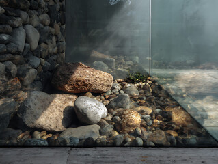  abstract nature inspired interior design element featuring large natural rocks behind clear glass panels
