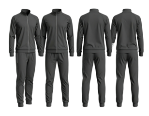 Multiple views of a dark gray track suit