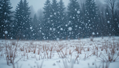 Slow-motion style snowfall in an untouched snowy meadow