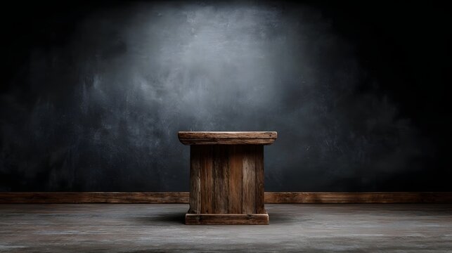 A rustic wooden podium stands centered against a dark textured background with dramatic lighting - Powered by Adobe