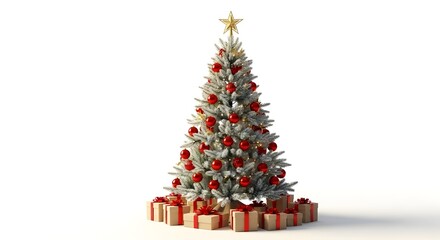 A beautifully decorated christmas tree with red ornaments and gifts piled at its base on a white background