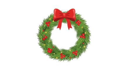 Classic Christmas wreath illustration featuring lush green pine branches, a vibrant red bow, and scattered berries, perfect for festive holiday season designs © Avra