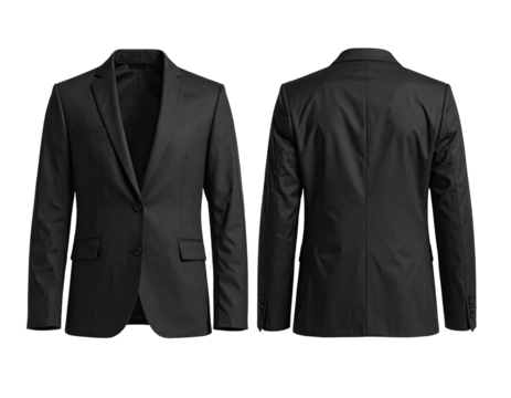 Formal, dark suit jacket, front and back view