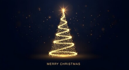 Sparkling golden christmas tree silhouette illuminated by twinkling lights against a dark night sky