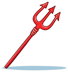 Naklejka premium Cartoon red trident weapon with three prongs. Iconic devil pitchfork symbol representing power and evil.