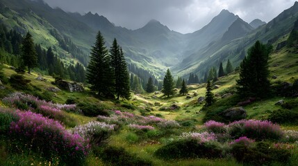 Fototapeta premium Sweeping vista of an alpine meadow in the Swiss Alps, filled with pink wildflowers. Majestic, misty mountains loom under a dramatic, cloudy sky.