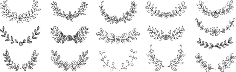 Elegant black and white floral wreath collection, minimalist laurel leaf frame set, hand-drawn botanical ornament design, vector illustration for decoration