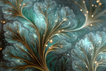Fractale abstraite lumineuse dor&eacute;e et turquoise, illustration 3D organique avec d&eacute;tails &eacute;l&eacute;gants et effets de lumi&egrave;re magique