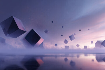 Cubes g&eacute;om&eacute;triques flottants dans une atmosph&egrave;re onirique, rendu 3D abstrait avec lumi&egrave;re cin&eacute;matique et brume mystique