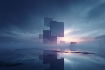 Cubes g&eacute;om&eacute;triques flottants dans une atmosph&egrave;re onirique, rendu 3D abstrait avec lumi&egrave;re cin&eacute;matique et brume mystique