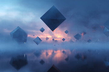 Cubes g&eacute;om&eacute;triques flottants dans une atmosph&egrave;re onirique, rendu 3D abstrait avec lumi&egrave;re cin&eacute;matique et brume mystique