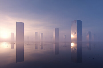 Cubes g&eacute;om&eacute;triques flottants dans une atmosph&egrave;re onirique, rendu 3D abstrait avec lumi&egrave;re cin&eacute;matique et brume mystique