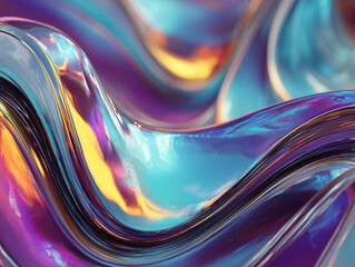 Forme fluide abstraite en verre color&eacute; avec reflets dor&eacute;s et violets sur fond doux bokeh