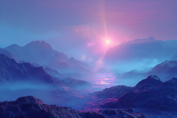 Paysage montagneux surr&eacute;aliste baign&eacute; de lumi&egrave;re du matin et de brume douce