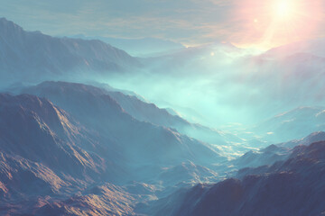 Paysage montagneux surr&eacute;aliste baign&eacute; de lumi&egrave;re du matin et de brume douce