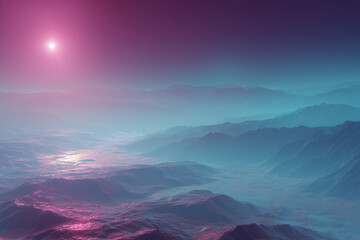 Paysage montagneux surr&eacute;aliste baign&eacute; de lumi&egrave;re du matin et de brume douce