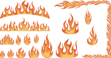 flame vector collection, stylized fire icons set, burning flame design, orange and yellow fire illustration, abstract heat elements