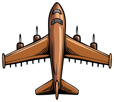 Retro four-engine passenger airplane cartoon illustration in a top-down view