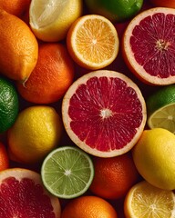 Fototapeta premium Vibrant top-down photo of fresh citrus fruits, including oranges, lemons, and grapefruits. The colorful arrangement includes whole and sliced fruit.
