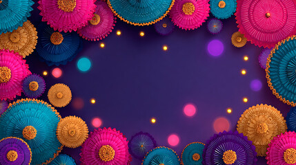  festive diwali or wedding background design with bright pink yellow and teal paper fan decorations
