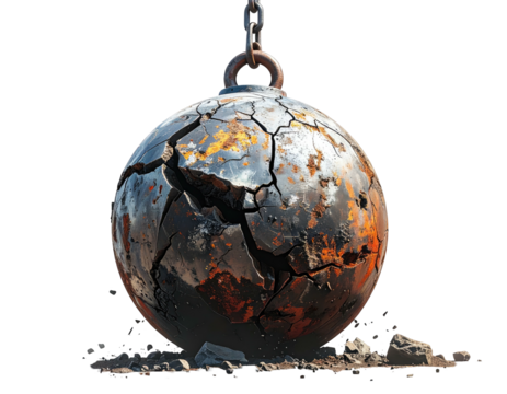 Cracked metal ball hanging by a chain