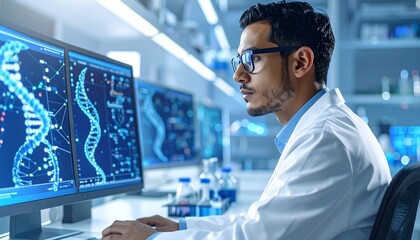 A scientist in a lab coat analyzes DNA structures on computer screens, focusing on research and development.