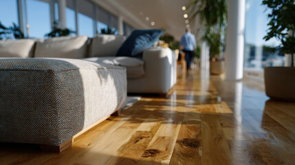 A beautifully designed living space featuring natural wood flooring, soft furnishings, and a blend of indoor plants, creating an inviting and harmonious atmosphere for relaxation.