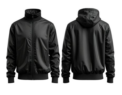 Front and back view of a black jacket