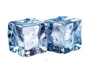 Two ice cubes, slightly overlapping, with water droplets and a small chipped piece