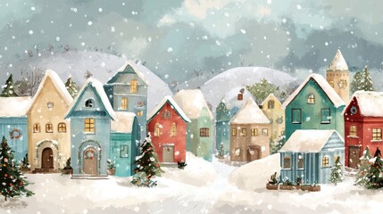 Cozy winter village. Сolorful houses are lined up along a snowy street, windows warmly glowing with light The town is surrounded by tall snowy trees. Generative AI