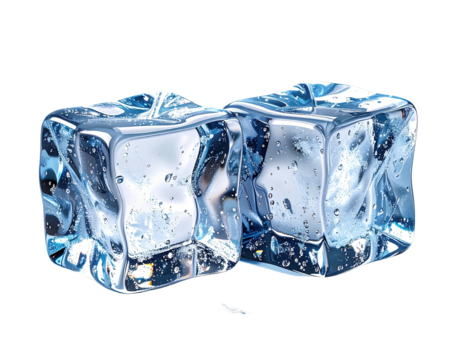 Two ice cubes, slightly overlapping, with water droplets and a small chipped piece