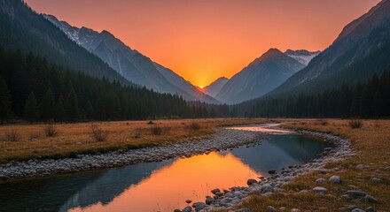 Sunset mountain river landscape scenic view nature travel destination outdoor adventure golden hour reflection