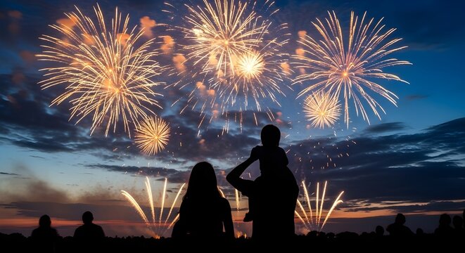 Family silhouette watching a vibrant fireworks display explode in the twilight sky during a celebration silhouette