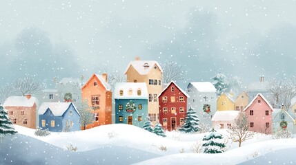 Cozy winter village. Сolorful houses are lined up along a snowy street, windows warmly glowing with light The town is surrounded by tall snowy trees. Generative AI