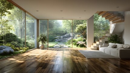 Fototapeta premium Wide shot of a large, empty modern living room with light hardwood floors and floor-to-ceiling windows showing a lush and beautiful garden view.