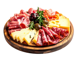 Assorted sliced meats and cheeses on a wooden platter