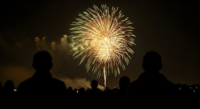 Spectators silhouetted against a vibrant golden yellow fireworks display exploding in the dark night sky celebration silhouette