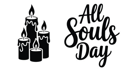all souls day icon with black and white candles and text, symbolic graphic for remembrance, prayer, and honoring departed loved ones