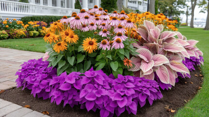 Fototapeta premium Colorful flower bed with purple, orange, and pink flowers, lush green leaves, and variegated foliage in landscaped garden, vibrant and cheerful outdoor scene