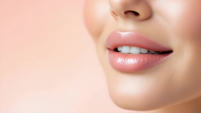 Close-Up of Womans Face with Glossy Lips and Perfect Skin.