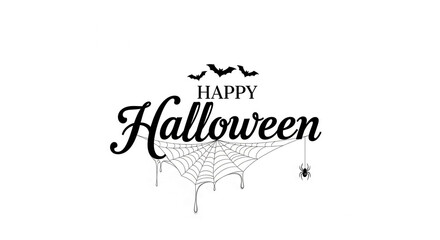 Stylish "Happy Halloween" lettering with spiderweb and bats, ideal for seasonal greeting cards, banners, or party invitations, conveying festive spirit