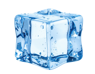 A transparent ice cube with water droplets